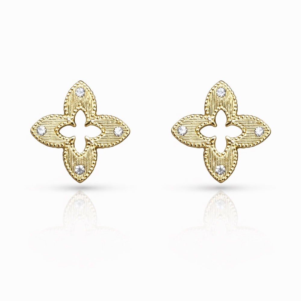 Luxury Gold Floral Stud Earrings With Zirconia 18K Gold Plated